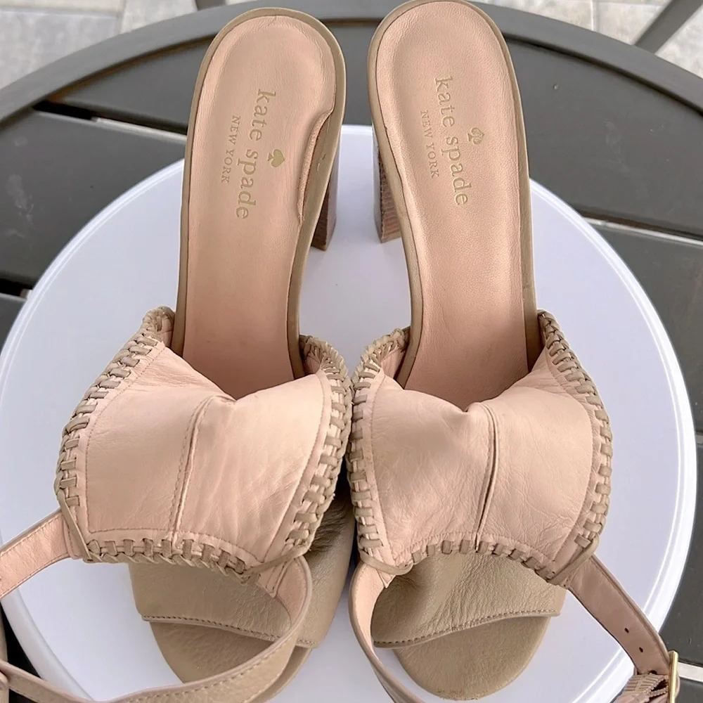 Kate Spade Minimalist Taupe Leather Block Heel Sandals 9 Quiet Luxury Chic